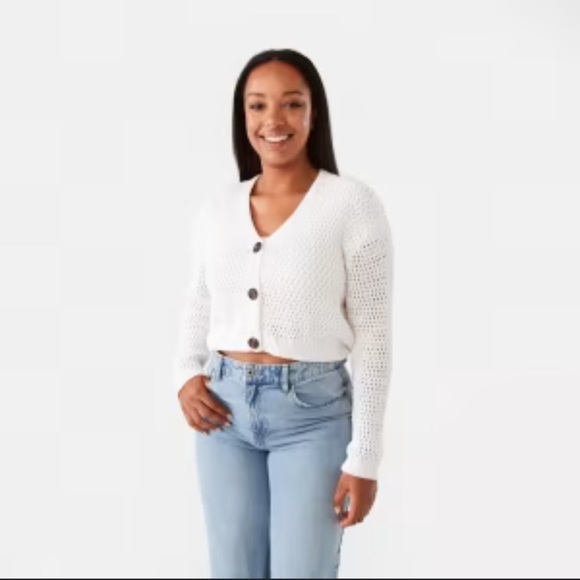 Women’s White Cotton Knit Cropped V Neck Button Cardigan - Picture 1 of 4